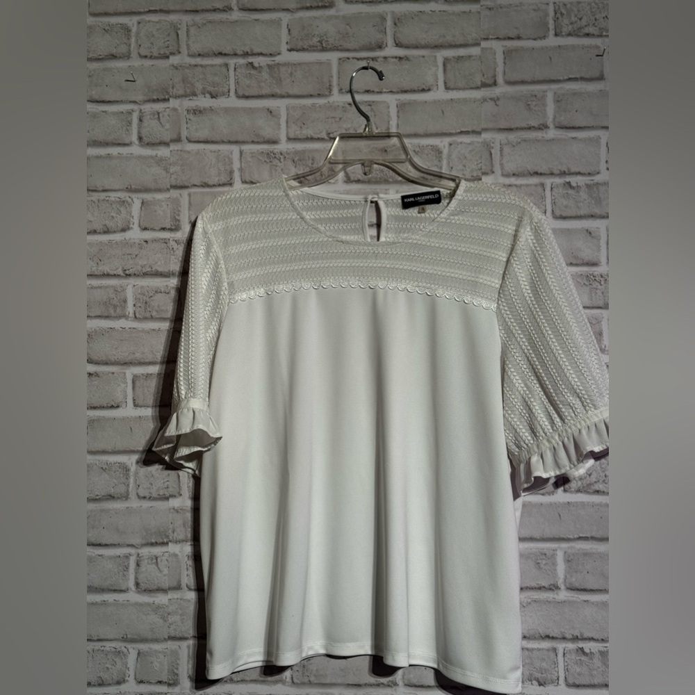 2 for $20 Karl Lagerfeld, short sleeve, crochet and ruffle blouse